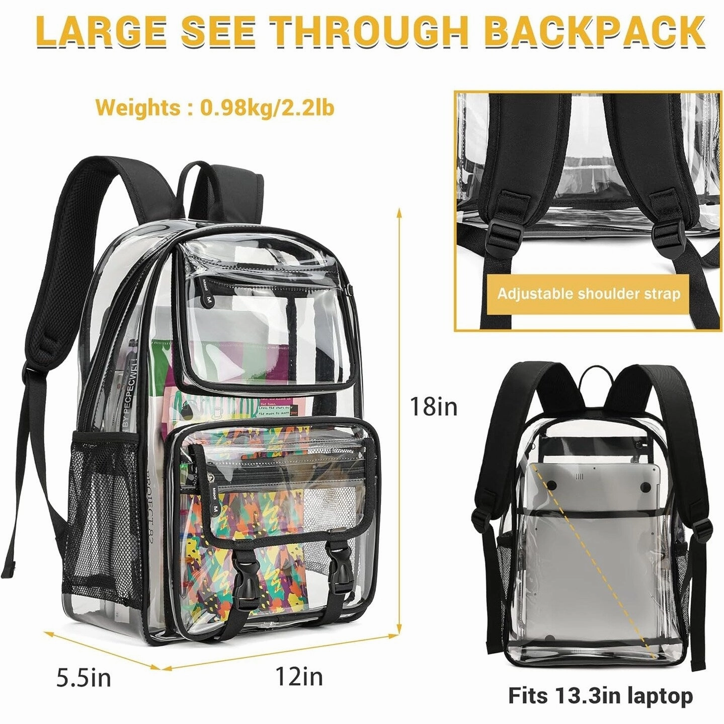 Clear Backpack Stadium Approved Heavy Duty for School Women Men Large PVC Transparent Bookbags with Adjustable Shoulders