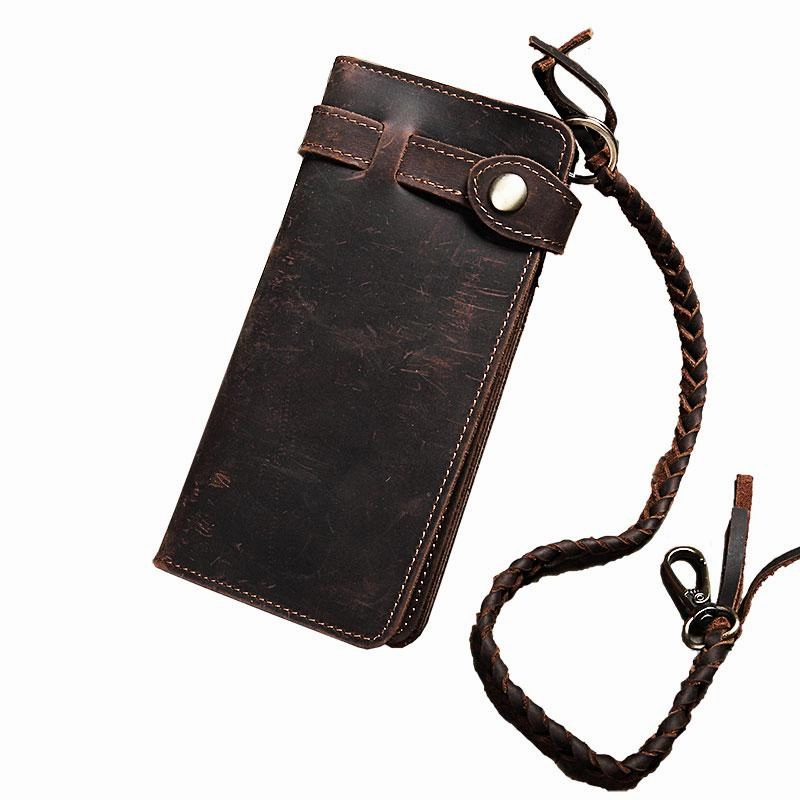 Coffee Leather Mens Bifold Long Biker Wallets Biker Chain Wallet Long Trucker Wallet for Men