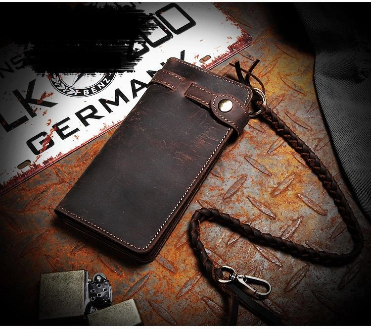 Coffee Leather Mens Bifold Long Biker Wallets Biker Chain Wallet Long Trucker Wallet for Men