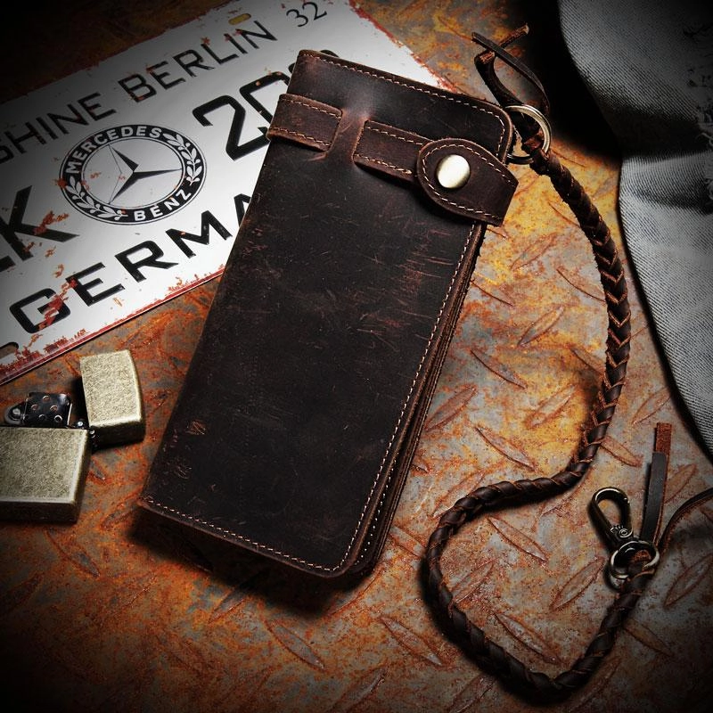 Coffee Leather Mens Bifold Long Biker Wallets Biker Chain Wallet Long Trucker Wallet for Men