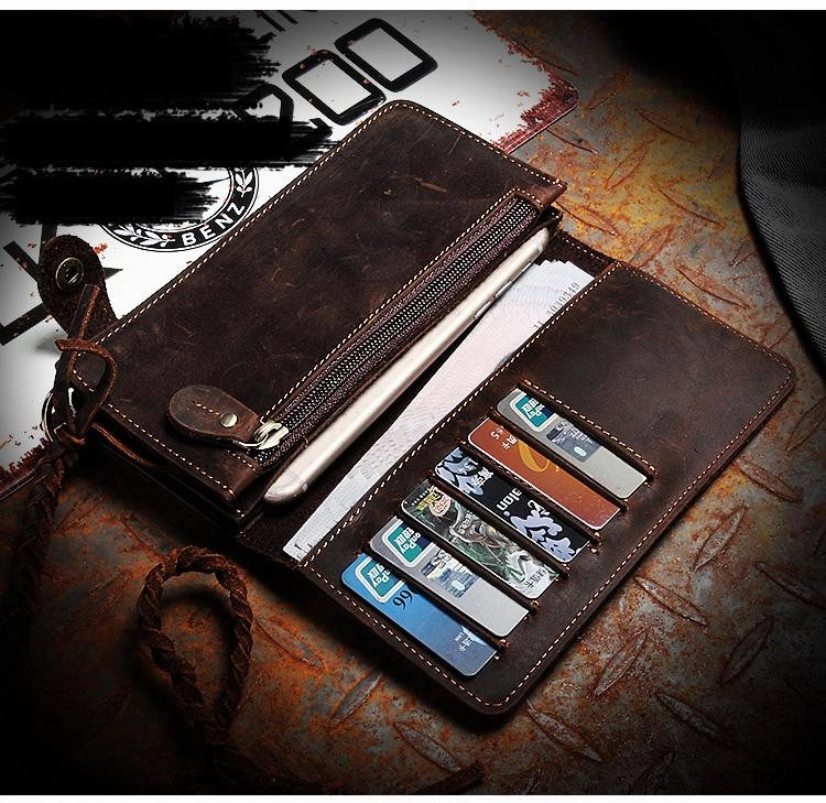 Coffee Leather Mens Bifold Long Biker Wallets Biker Chain Wallet Long Trucker Wallet for Men