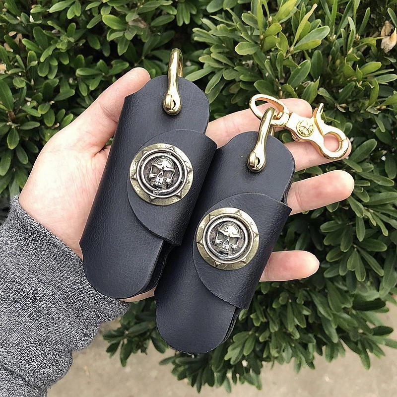 Cool Black Leather Biker Skull Car Key Holder Portable Motorcycle Key Holder For Men