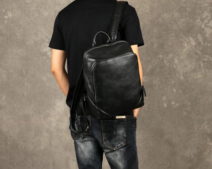 Cool Black Leather Mens Backpack Large Travel Backpack Leather Satchel Backpack for men
