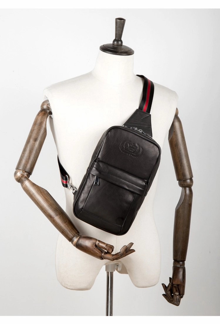 Cool Black Leather Mens Sling Bags Crossbody Pack Black Chest Bags One Shoulder Backpack for men