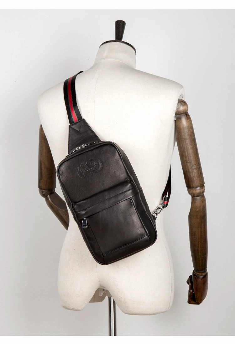 Cool Black Leather Mens Sling Bags Crossbody Pack Black Chest Bags One Shoulder Backpack for men