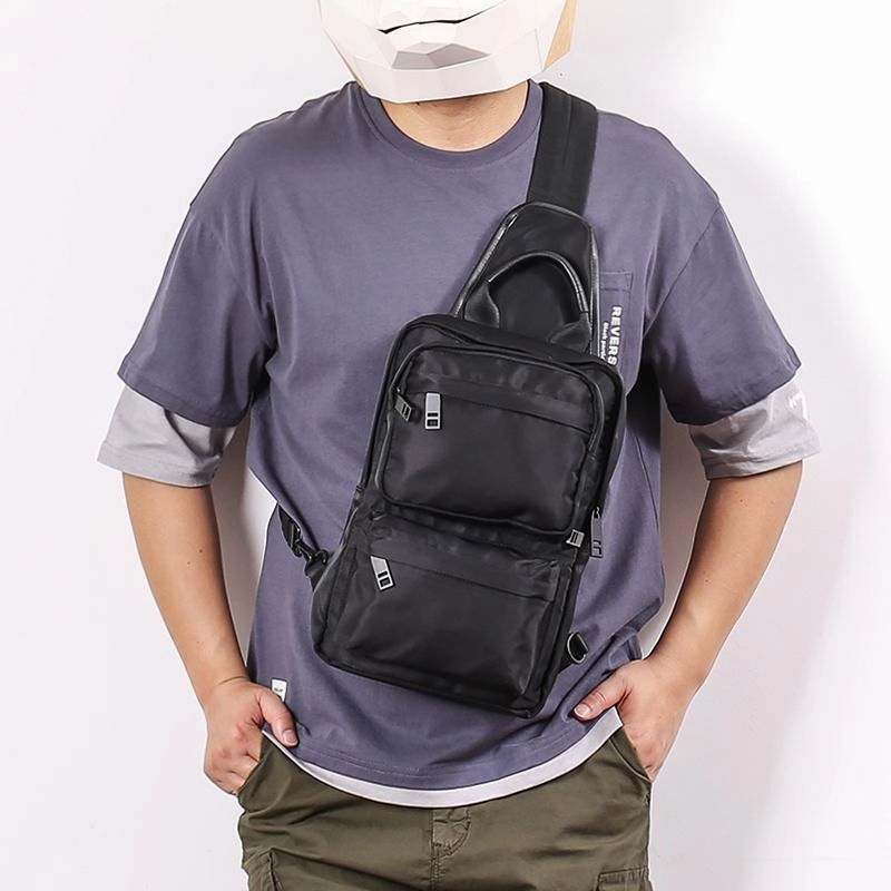 Cool Black Nylon Men's Sling Bag Chest Bag Nylon One shoulder Backpack Sling Pack For Men