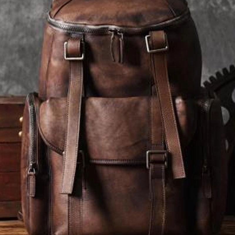 Cool Brown Leather Mens Backpack Large Brown Travel Backpack Hiking Backpack for men