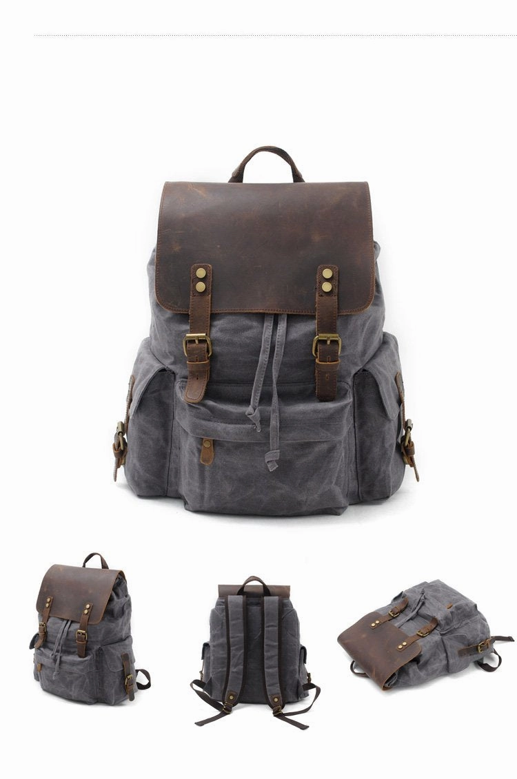 Cool Canvas Leather Mens 15'' Black Computer Backpack Green Hiking Backpack Travel Backpack for Men