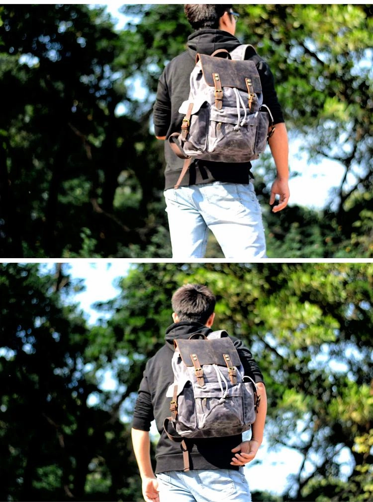 Cool Canvas Leather Mens 15'' Black Computer Backpack Green Hiking Backpack Travel Backpack for Men