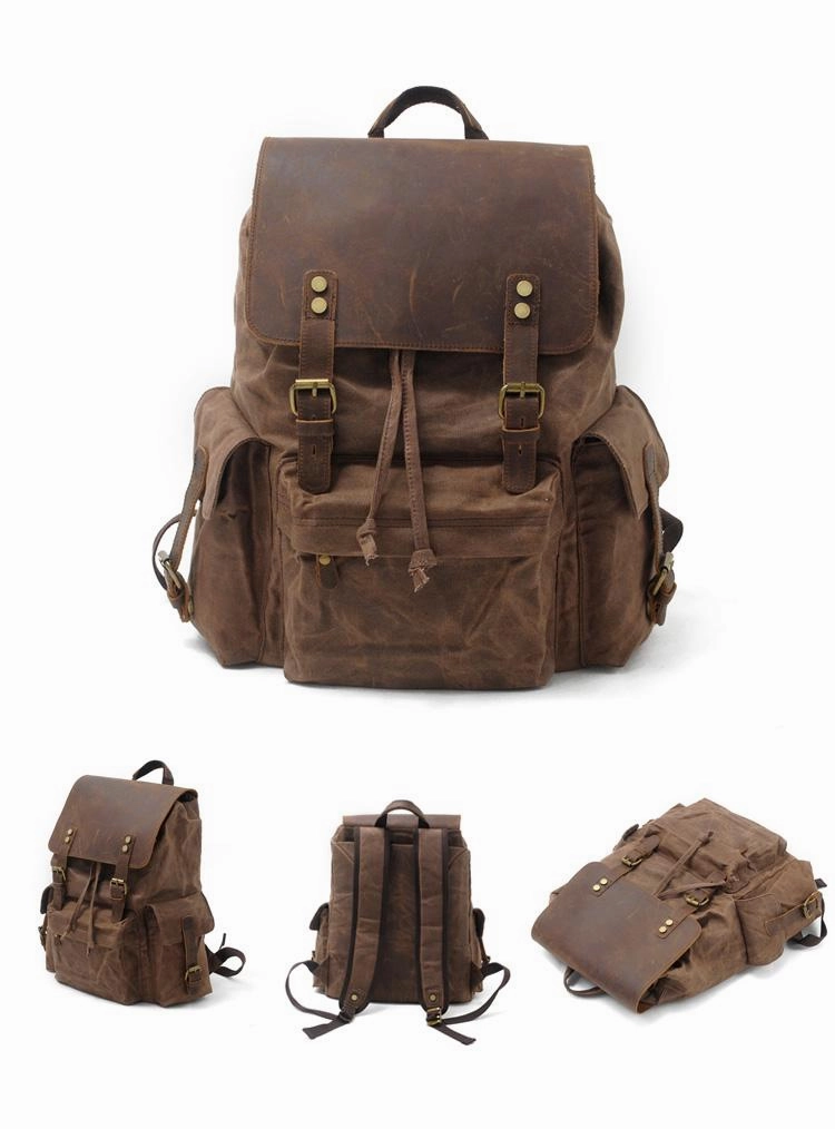 Cool Canvas Leather Mens 15'' Black Computer Backpack Green Hiking Backpack Travel Backpack for Men