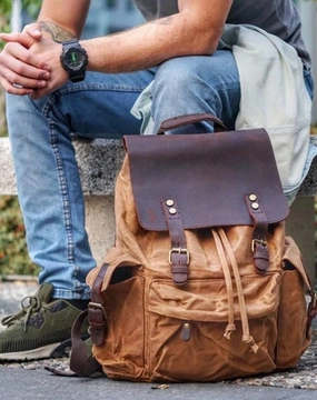 Cool Canvas Leather Mens 15'' Black Computer Backpack Green Hiking Backpack Travel Backpack for Men