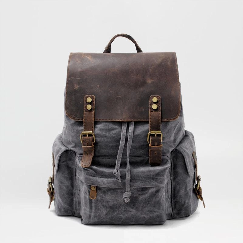 Cool Canvas Leather Mens 15'' Black Computer Backpack Green Hiking Backpack Travel Backpack for Men