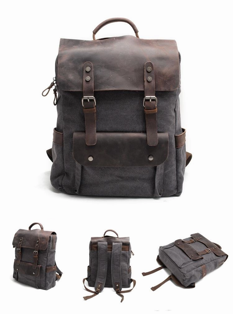 Cool Canvas Leather Mens 15'' College Gray Computer Backpack Travel Backpack for Men