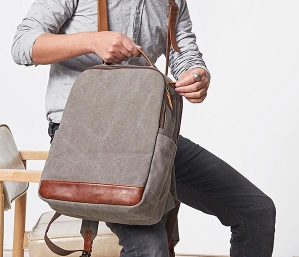 Cool Canvas Leather Mens Backpack Canvas Travel Bag Canvas School Bag for Men