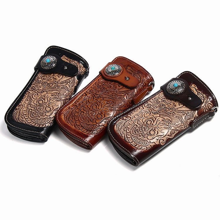 Cool Coffee Leather Tooled Dragon&Skull Biker Wallet Handmade Biker Chain Wallet for Men