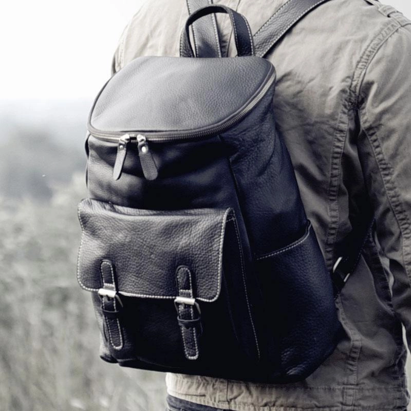 Cool Genuine Leather Mens Backpack Large Black Travel Backpack Hiking Backpack for men