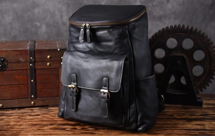 Cool Genuine Leather Mens Backpack Large Black Travel Backpack Hiking Backpack for men