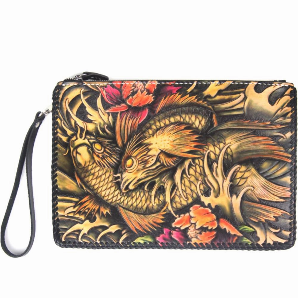 Cool Handmade Tooled Leather Floral Skull Clutch Wallet Wristlet Bag Clutch Purse For Men