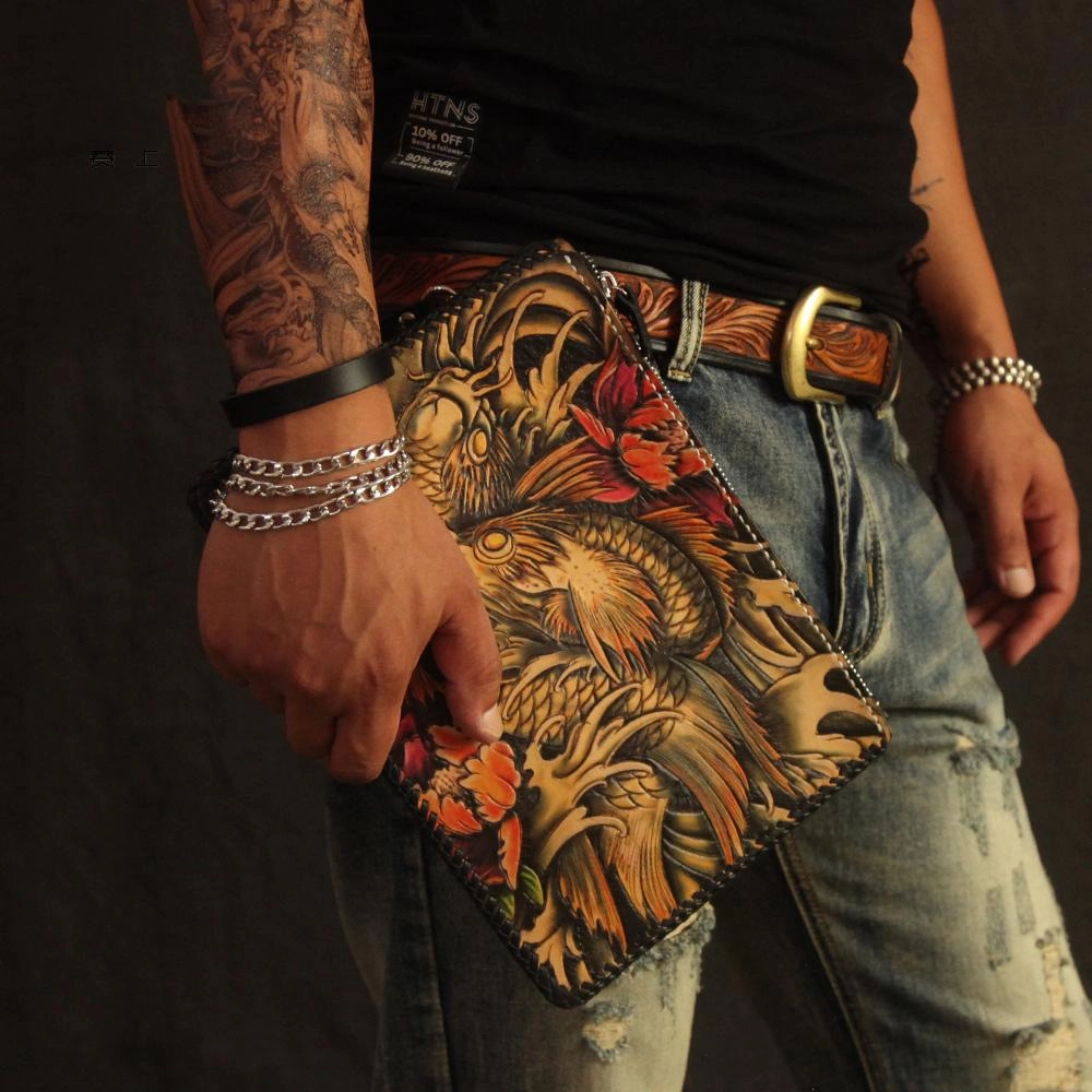 Cool Handmade Tooled Leather Floral Skull Clutch Wallet Wristlet Bag Clutch Purse For Men