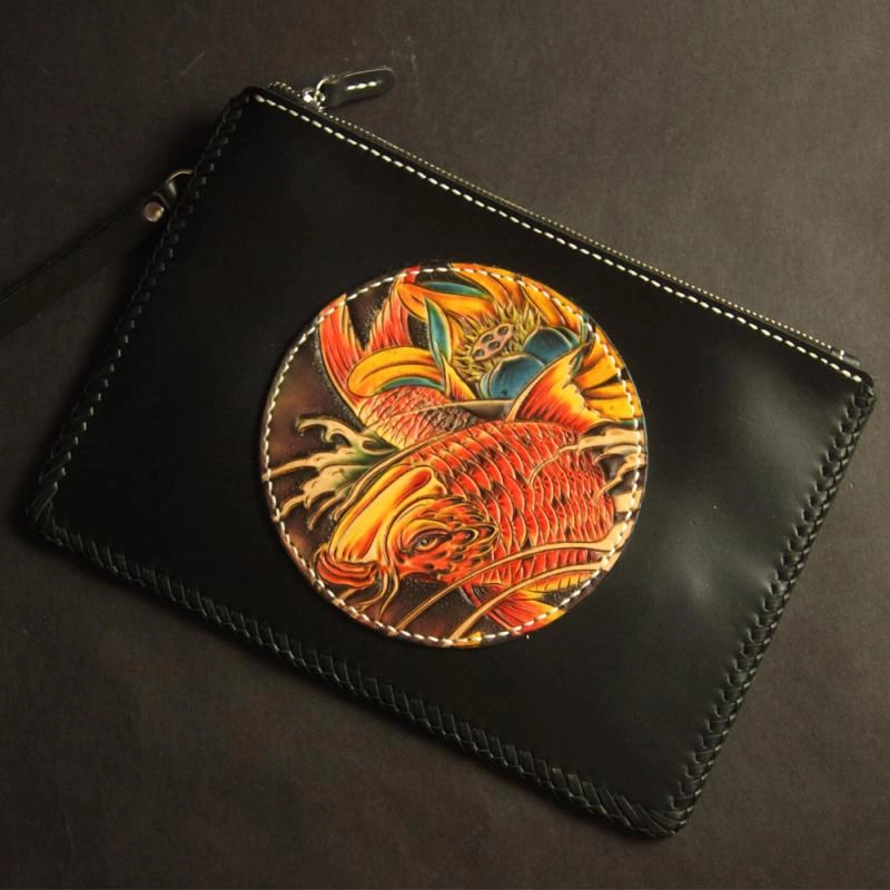 Cool Handmade Tooled Leather Floral Skull Clutch Wallet Wristlet Bag Clutch Purse For Men