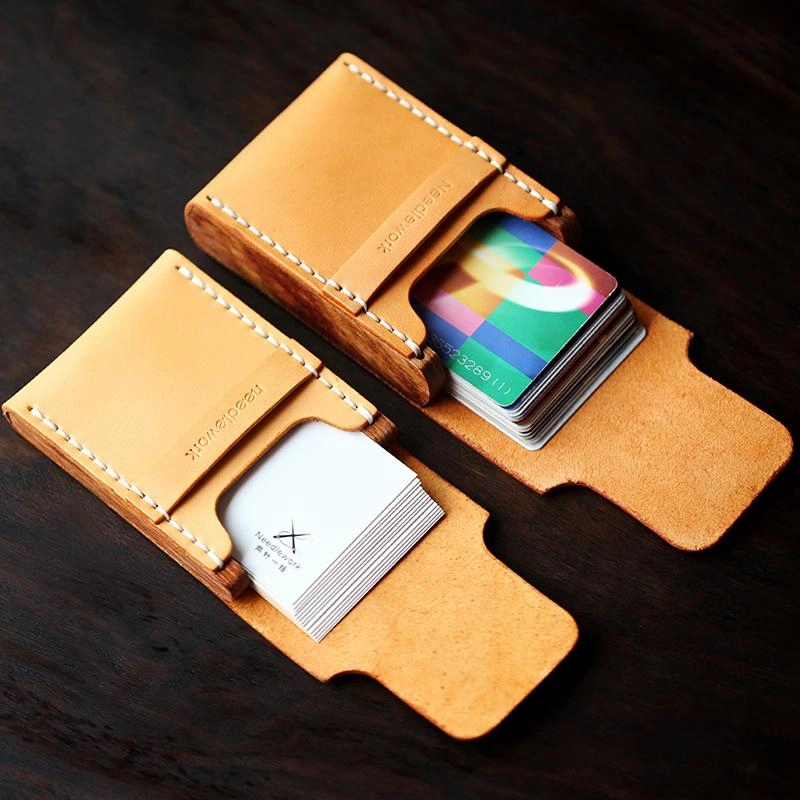 Cool Handmade Wooden Brown Leather Mens Wallet Small Card Holder Coin Wallet for Men