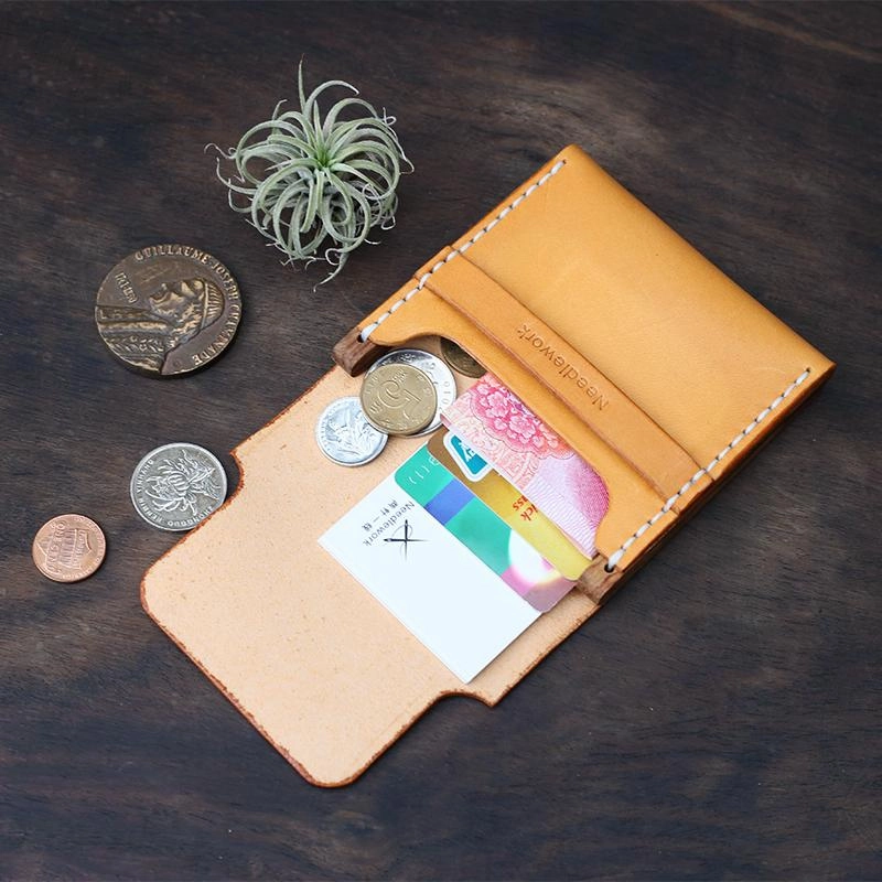 Cool Handmade Wooden Brown Leather Mens Wallet Small Card Holder Coin Wallet for Men