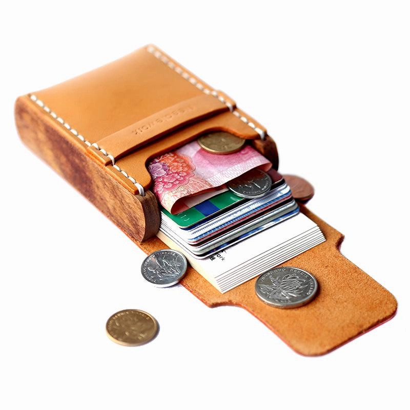 Cool Handmade Wooden Brown Leather Mens Wallet Small Card Holder Coin Wallet for Men
