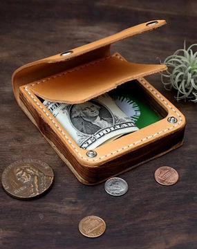 Cool Handmade Wooden Brown Leather Mens Wallet Small Card Holder Coin Wallet for Men