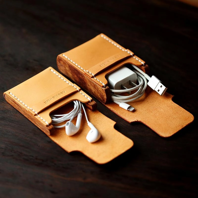 Cool Handmade Wooden Brown Leather Mens Wallet Small Card Holder Coin Wallet for Men