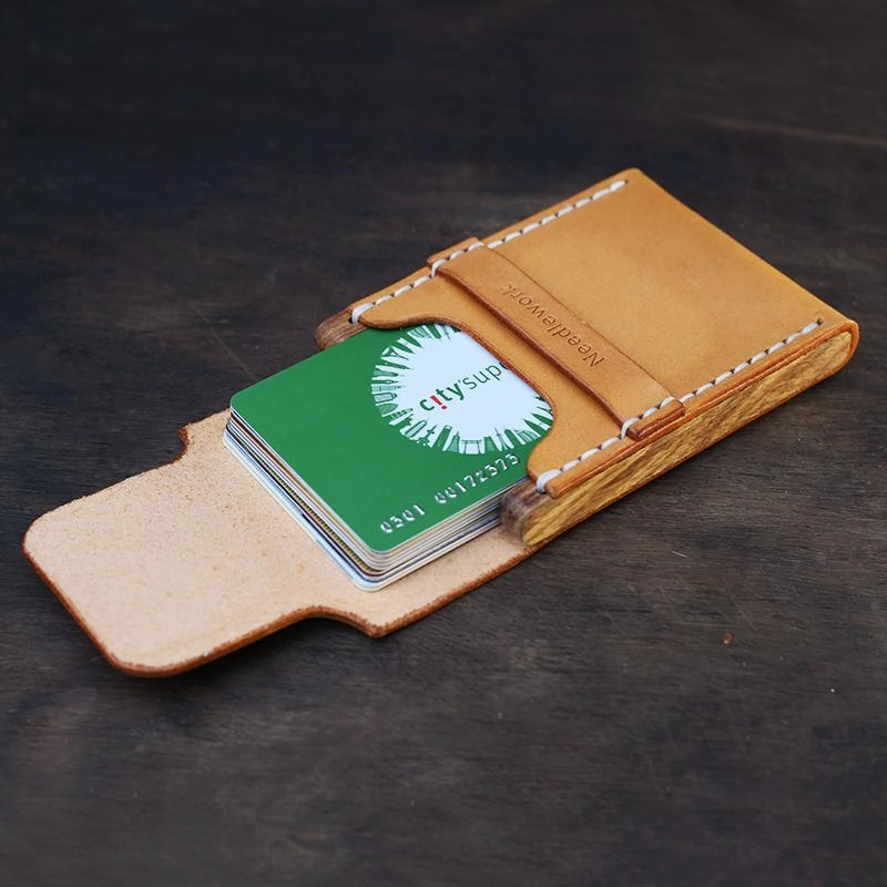 Cool Handmade Wooden Brown Leather Mens Wallet Small Card Holder Coin Wallet for Men