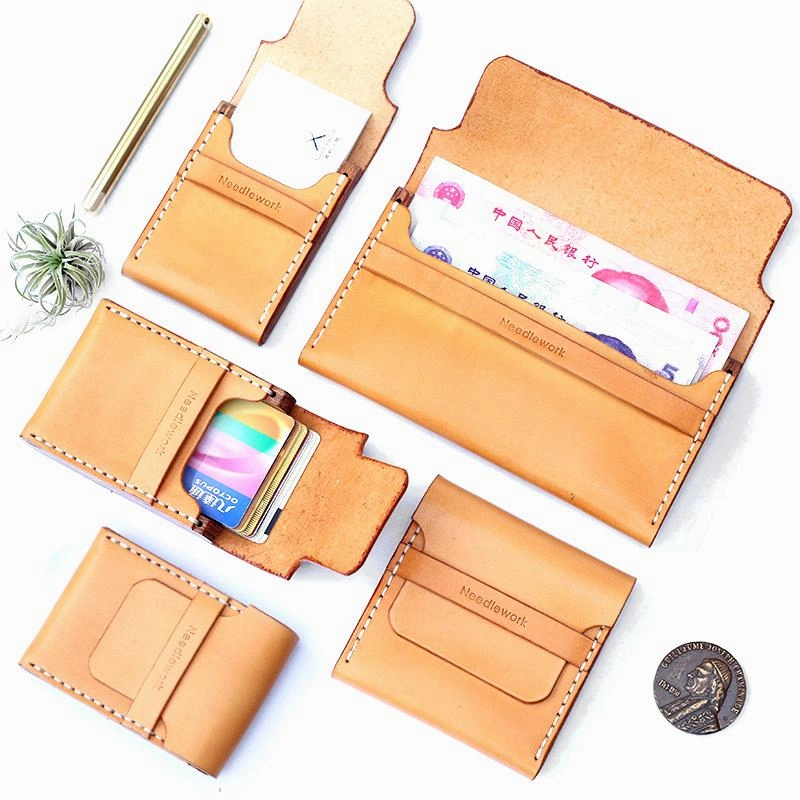 Cool Handmade Wooden Brown Leather Mens Wallet Small Card Holder Coin Wallet for Men