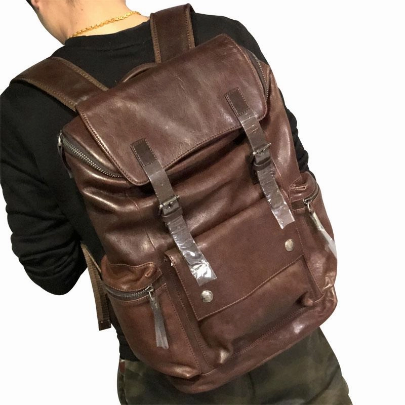 Cool Large Genuine Leather Mens Backpack Coffee Travel Backpack Hiking Backpack for men