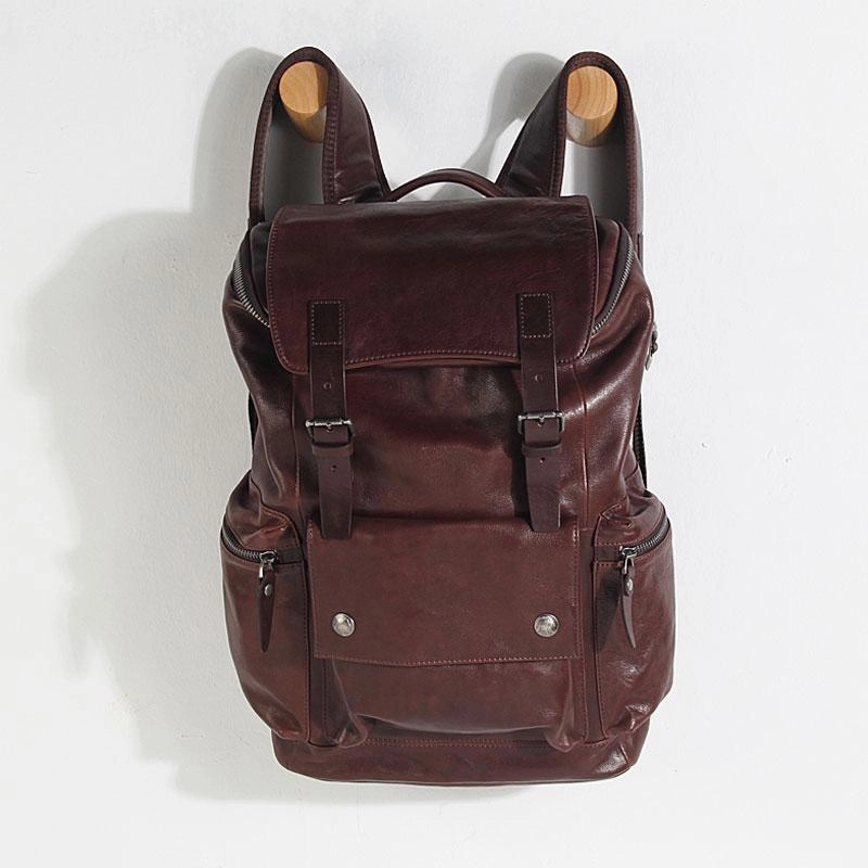 Cool Large Genuine Leather Mens Backpack Coffee Travel Backpack Hiking Backpack for men