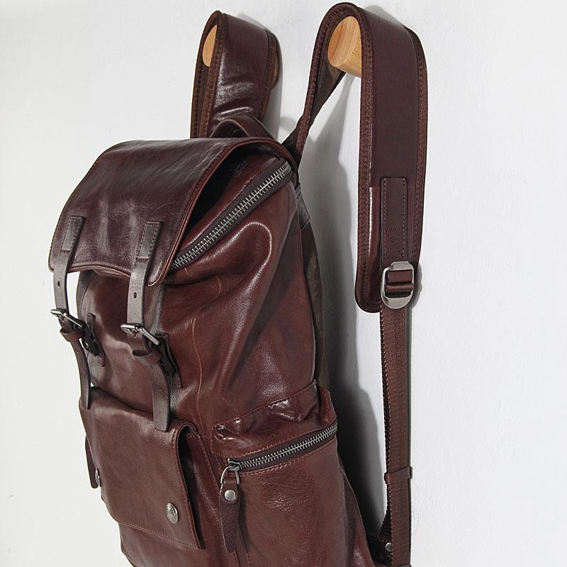 Cool Large Genuine Leather Mens Backpack Coffee Travel Backpack Hiking Backpack for men