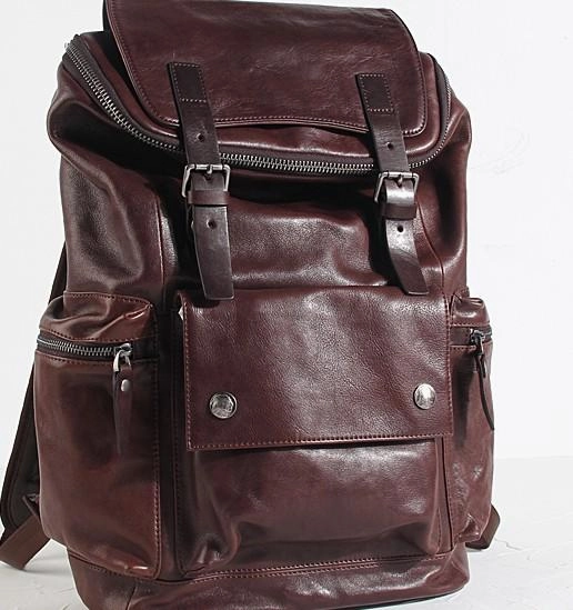 Cool Large Genuine Leather Mens Backpack Coffee Travel Backpack Hiking Backpack for men