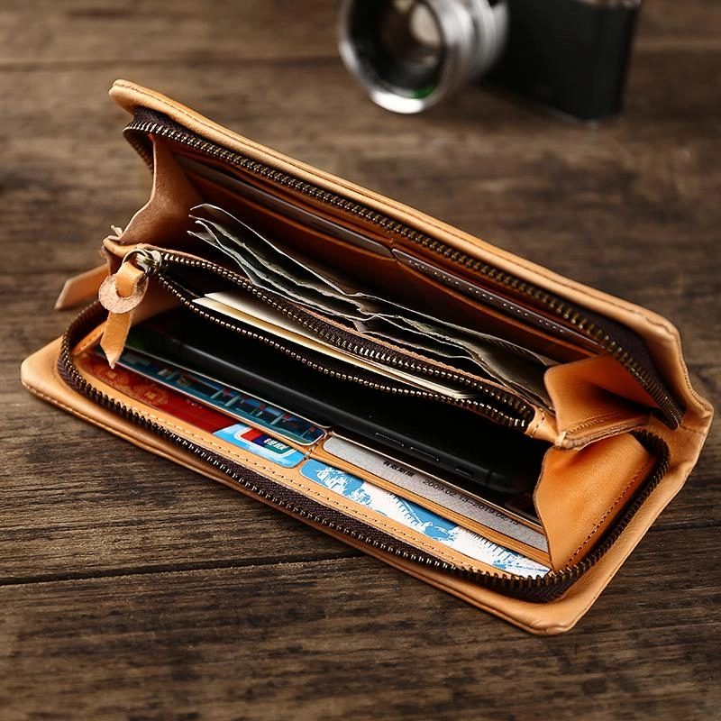 Cool Leather Mens Black Slim Long Wallet Zipper Bifold Card Wallet Clutch Wallet For Men