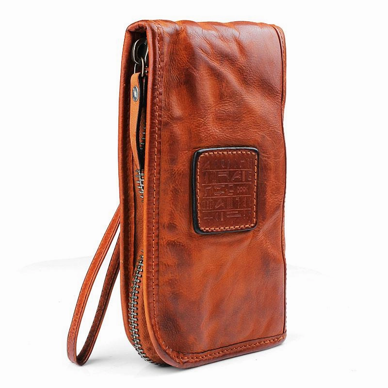 Cool Leather Mens Brown Long Chain Wallet Black Wristlet Wallet Black Clutch Wallet for Men