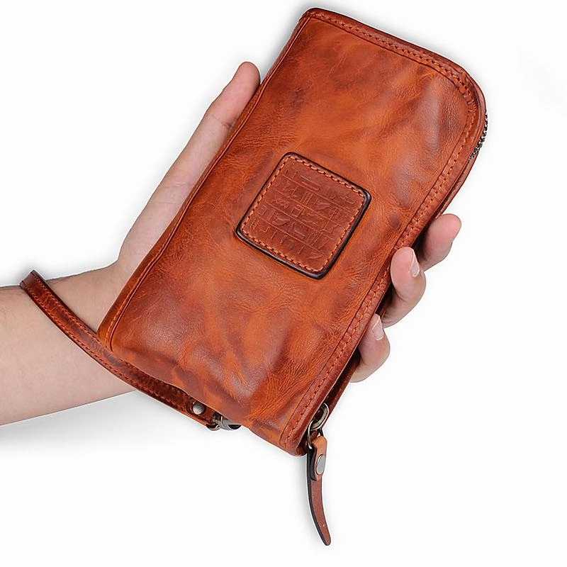Cool Leather Mens Brown Long Chain Wallet Black Wristlet Wallet Black Clutch Wallet for Men