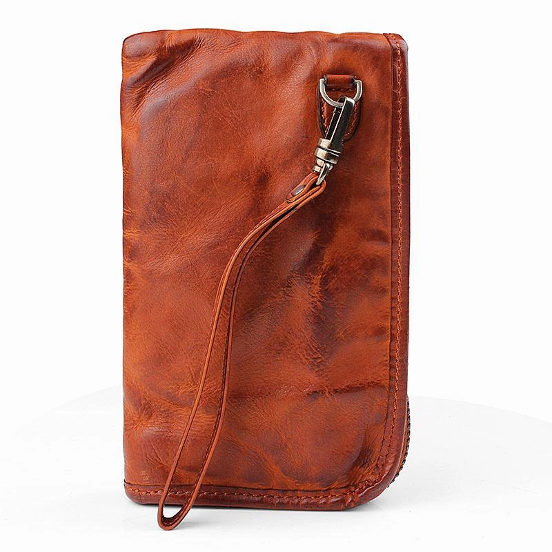 Cool Leather Mens Brown Long Chain Wallet Black Wristlet Wallet Black Clutch Wallet for Men
