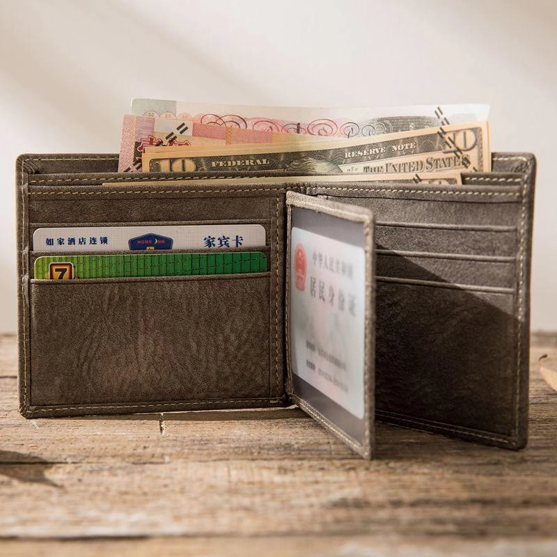 Cool Leather Mens Gray Small Wallet Bifold Vintage Slim billfold Wallet for Men
