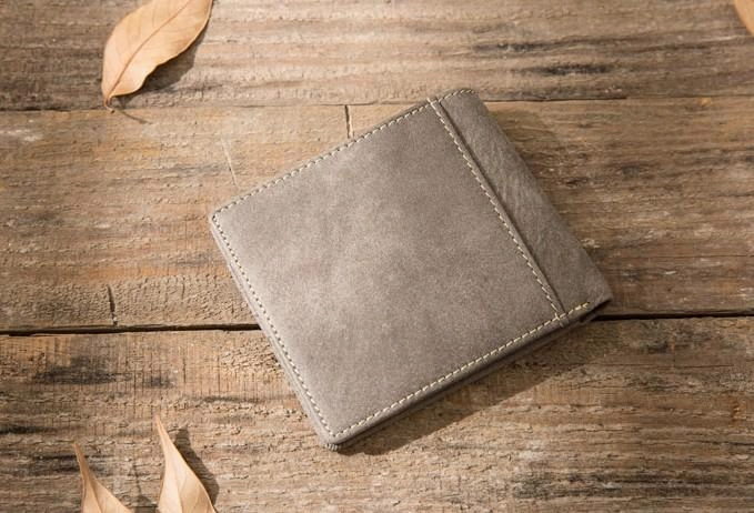 Cool Leather Mens Gray Small Wallet Bifold Vintage Slim billfold Wallet for Men