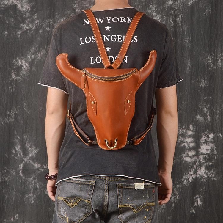 Cool Leather Mens XO Bull Backpack Tan Travel Backpack Unique Backpack for men