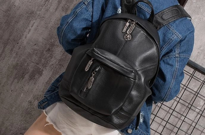 Cool Mens Black Leather School Backpack Travel Backpack Leather Hiking Backpack for Men