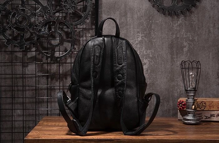 Cool Mens Black Leather School Backpack Travel Backpack Leather Hiking Backpack for Men
