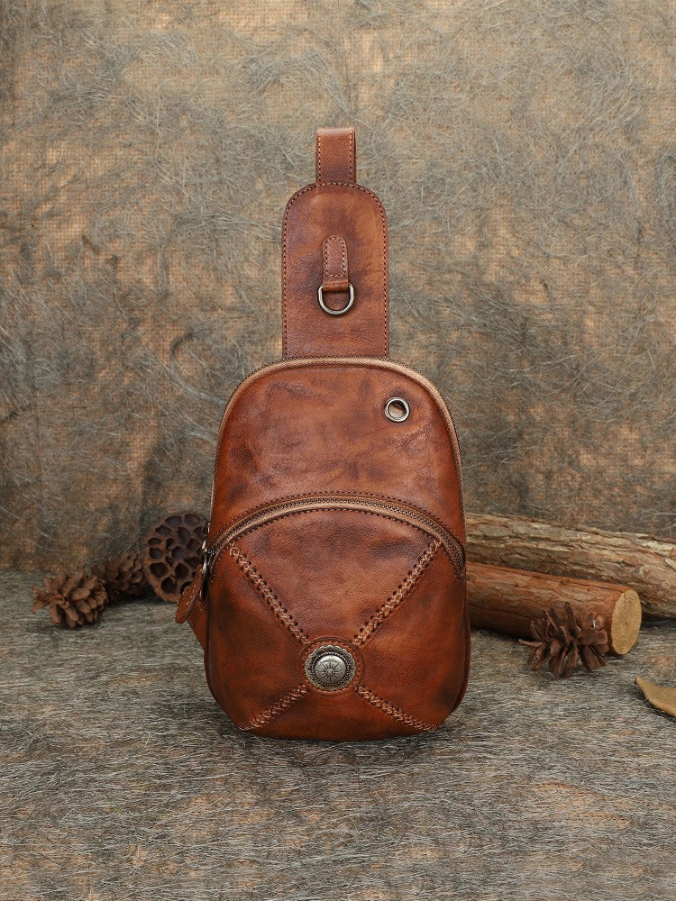 Cool Mens Womens Cap Sling Bag Vintage Leather Chest Bag Crossbody Pack for Men