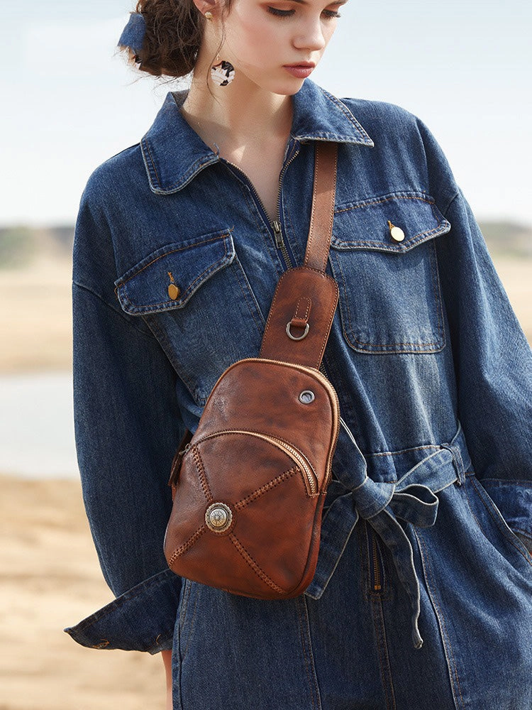 Cool Mens Womens Cap Sling Bag Vintage Leather Chest Bag Crossbody Pack for Men