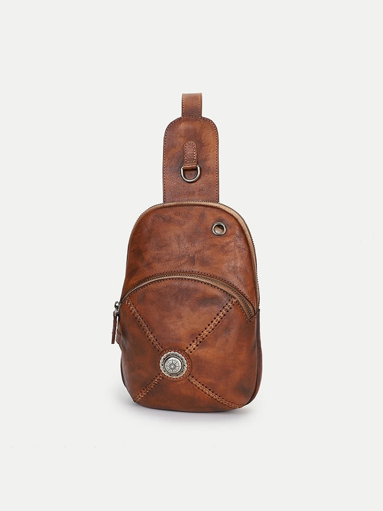 Cool Mens Womens Cap Sling Bag Vintage Leather Chest Bag Crossbody Pack for Men