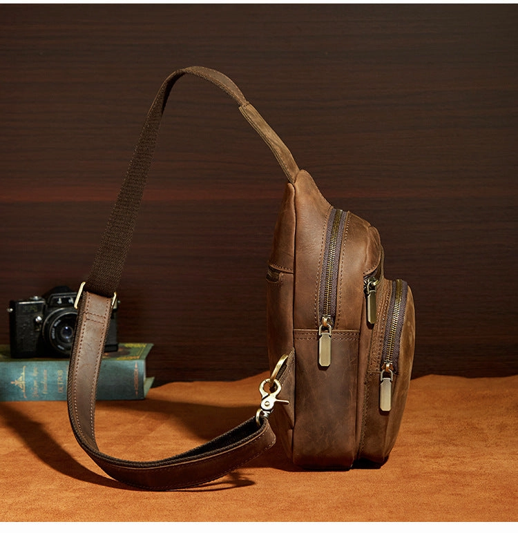 Cool Vintage Brown Leather Chest Bag Sling Bags Crossbody Sling Bag One Shoulder Backpack For Men