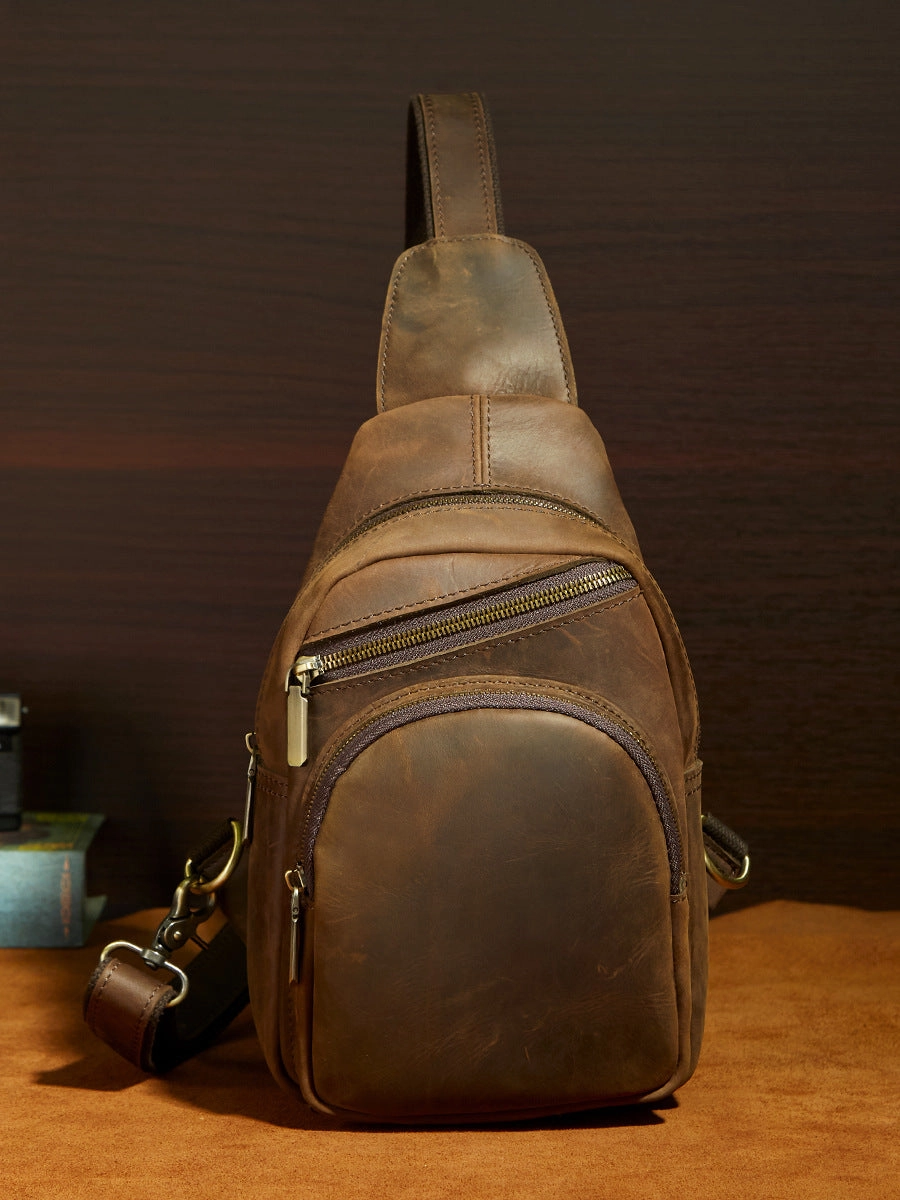 Cool Vintage Brown Leather Chest Bag Sling Bags Crossbody Sling Bag One Shoulder Backpack For Men