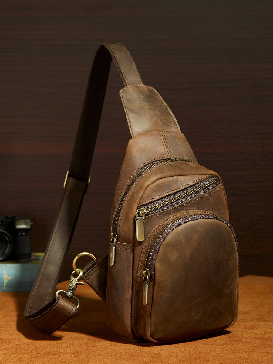 Cool Vintage Brown Leather Chest Bag Sling Bags Crossbody Sling Bag One Shoulder Backpack For Men